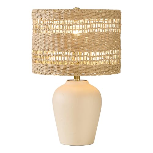 Maxax Boho Ceramic Table Lamp for Living Room, 21" Farmhouse Ceramic Bedside Lamp with Woven Rattan Shade, Coastal Rattan Bedroom Lamp for Nightstand - color: Beige