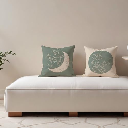 Boho Sage Green Floral Plant Pillow Covers 18x18 Set of 2, Sun and Moon Decorative Pillow Covers for Couches and Sofas, Line Plant Pillow Covers, Abstract Boho Throw Pillow Covers - color: Sunandmoon-02