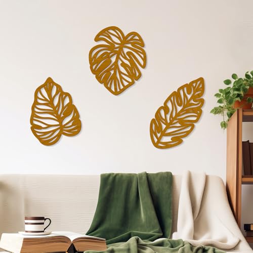 Zzbakress 3 Pcs Wooden Palm Leaves Wall Art Tropical Leaf Wall Art Natural Plant Wall Decor Vintage Wood Hollow Wall Decoration for Living Room Kitchen Bedroom Garden Office (Farmhouse, Leaves-A) (Rustic)