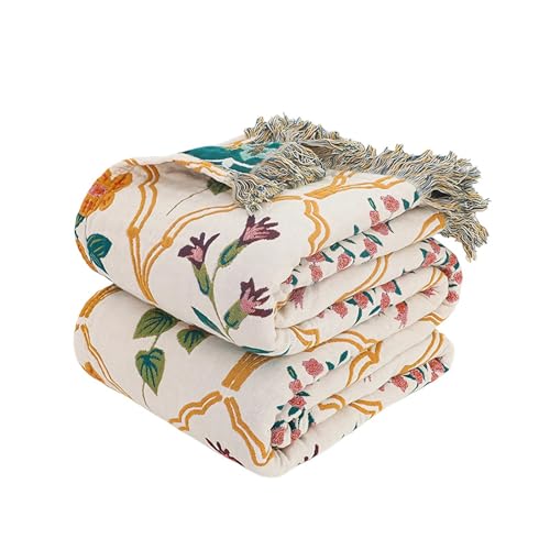 Boho Throw Blanket 60"x80", 100% Cotton Muslin Blankets for Couch Bed Sofa Chair, 4-Layer Soft Cozy Quilt Travel Blanket with Floral, Farmhouse Decor,All Seasons(White&Blue) - color: Lantern Grid