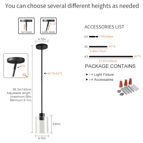 Black Pendant Lights Kitchen Island,Modern Farmhouse Glass Pendant Light,Light Fixture Kitchen Pendant Mini Hanging Light Fixture for Sink (1 Pack Black stem Rod) - color: 1 pack black stem rod