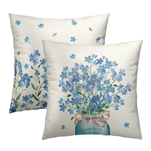 Spring Floral Pillow Covers 16x16 Inch Set of 2, Blue Flower Mason Jar Throw Pillow Covers Square Cotton Cushion Cover for Home Couch Sofa Patio Bedroom Livingroom - color: Blue Flower231219, size: 16" x 16" (Pack of 2)