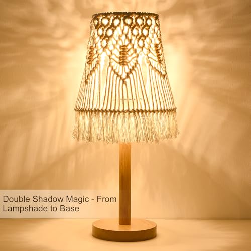 16" Tall Table Lamp Set of 2, Handwoven Macrame Shade & Solid Wood Base, Bohemian Style Bedside Lamp for Living Room, Bedroom, Study Office Decor
