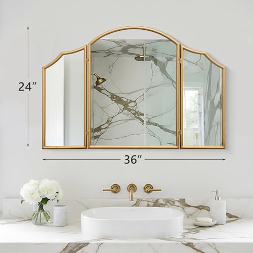 Besdomus Gold Scalloped Vanity Mirror: 36"x24" Large Modern Three Sided Dresser Miror - Minimalist Wood Frame 3 Way Trifold for Bedroom/Cloakroom/Dressing Room - Home Decor for Housewife - color: Gold Leaf, size: 24"L x 36"W
