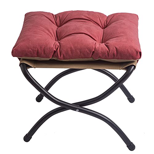 15" Foldable Foot Stool Ottoman with Metal Frame - Washable Red Upholstered Indoor/Outdoor Footrest for Living Room, Bedroom, Patio - Space-Saving Compact Design - color: Red