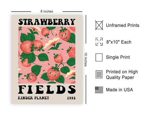 Poster Master Strawberry Fields Poster - Retro Strawberry Print - Fruit Art - Preppy & Trendy Design - Flower Artwork - Food & Drink Decor - Aesthetic Kitchen or Restaurant Decor - 8x10 UNFRAMED - color: Style-13, size: 8"L x 10"W