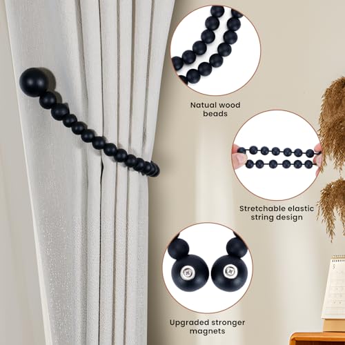 KLOGTSIND Magnetic Curtain Tiebacks, Curtain Tie Backs for Curtains 2 Pack, Wood Bead Curtain Tiebacks, Curtain Holders for Boho Bedroom Decor, Baby Nursery Decor, Farmhouse Decor - color: Black