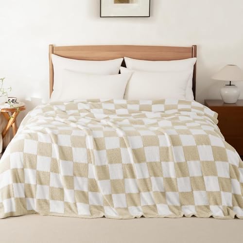 Whale Flotilla Checkered Knit Blanket Twin Size, Ultra Soft Warm Reversible Cozy Decorative Blankets for Couch Sofa and Bed, 60x80 Inch, Camel - color: Camel Checker, size: 60x80 Inch