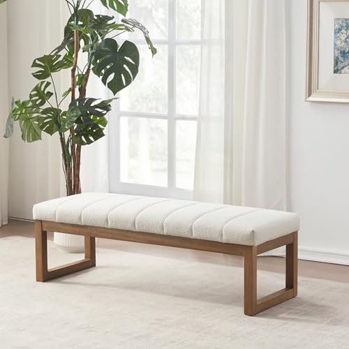 Zihanhome 52.7" Bedroom Bench for End of Bed, Modern Upholstered Teddy Fabric Entryway Bench & Dining Bench, Footrest Stool Bench with Solid Wood Frame for Bedroom, Living Room (Beige) - color: Beige