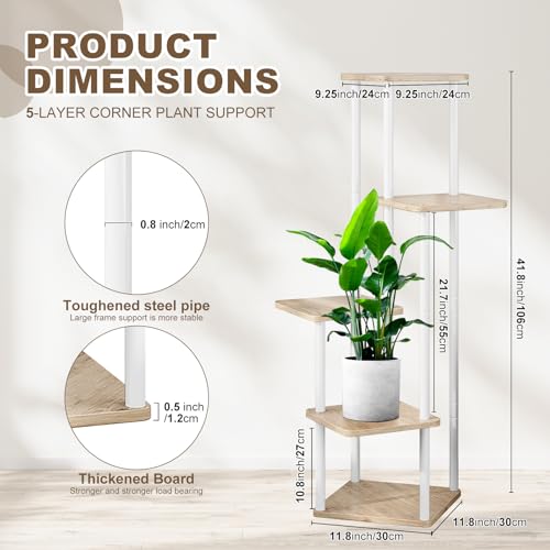 5 Tier Plant Stand Indoor, Thickened Metal Wood Corner Plant Shelf Stands for Multiple Plants, Indoor Tall Plants Stand Tiered Flower Holder for Living Room Patio Garden Balcony(White+Oak) - color: White+Oak, size: 5 Tier