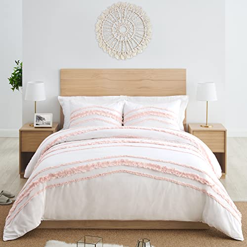 Bohemian Boho Chic White and Pink Macrame Tufted Tassel 2 pc. Twin / Twin XL Size Bed Bedding Set Duvet Comforter Cover / Sham Blush Pink Textured Minimalist Cotton Fringe Farmhouse Indie Dorm Teen - color: Blush Pink, size: Twin