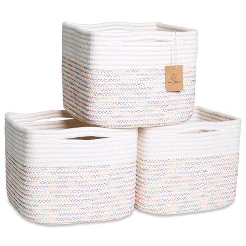 NaturalCozy Storage Cubes 9”x9”x7”Cotton Rope Woven Baskets for Organizing 3-Pack | 9 Inch Cube Storage Bin | Small Basket for Shelf Nursery, Pantry, Decorative Plant, Bathroom Closet, Toy Gift - color: Off White & Rainbow Stitching