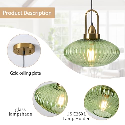 12 Inch Green Pendant Lights Vintage Chandelier Pendant Lighting Modern Mid Century Hanging Lights Adjustable Kitchen Island Light for Dining Room Bedroom Hallway - color: 12 Inch Green