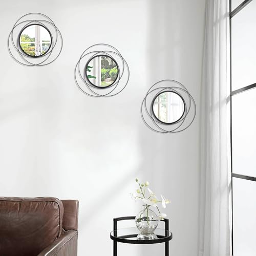 Black 3 Pcs Decorative Wall Mirror Circle Modern Mirror Round Art Ring Metal Mirrors Wall Decor Wall Mounted Mirror for Living Room Bedroom Dining Room Hallway Entryway 12" - color: Round-black, size: 3 Set 12"L x 12"W