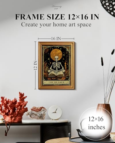 HUARCEY Gold Framed Canvas Wall Art, Skeleton Reader Tarot Picture Decor, Library Reading Room School Decor, Book Lover Witchy Gothic Halloween Canvas Paintings, 12x16inch - color: Skeleton Reader Art, size: 16"L x 12"W