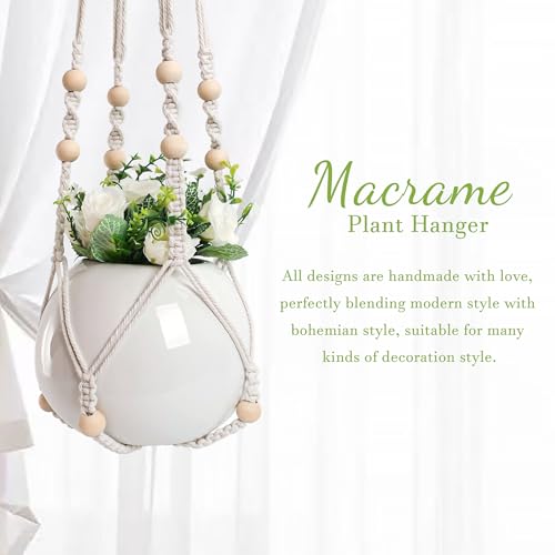 EWPJDK 3 PCS Macrame Plant Hanger Indoor Hanging Planter Basket with Wood Beads Plants Holder Decorative Flower Pot Holder (POTS NOT Included) (Ivory White)