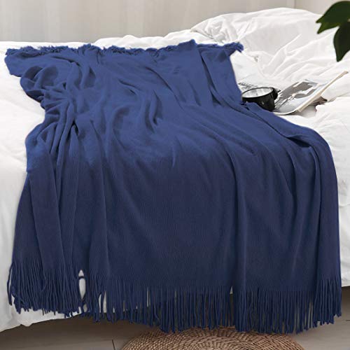 Homiest Decorative Knitted Throw Blanket with Fringe Soft & Cozy Tassel Blanket for Couch Sofa Bed (Navy Blue, 50x60) - color: Navy Blue, size: 50" x 60"