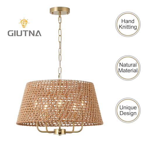 20" Large Rattan Chandeliers for Dining Room, 5-Light Farmhouse Wicker Boho Chandelier with T-Shape Shade Rattan Ceiling Pendant Light Fixture for Bedroom Hallway Kitchen Island(Gold) - color: Gold 5-Light 20" T-Shape