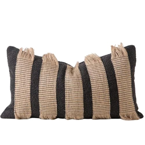 MOCOFO Handwoven Jute Cotton Striped Pillow Covers, Wabi Sabi Boho Farmhouse Decorative Throw Cushion Cover with Fringe(Cover Only) (Black/Natural, 12x28) - color: Black/Natural, size: 28" x 12" (Pack of 1)