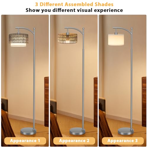 Ambimall Arc Floor Lamp for Living Room with Remote, Color Temperature & Brightness Adjustable, Boho Standing Lamp with Rattan & Fabric Double Drum Shades, Bulb Included(Deep Gray) - color: Deep Gray Rustic