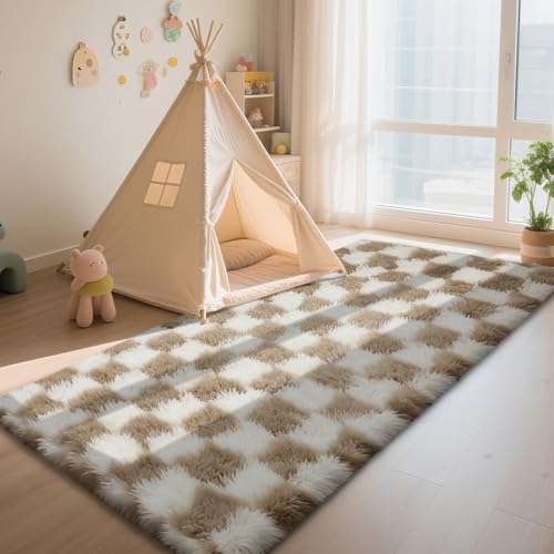Checkered Rug for Bedroom, 2x4 Beige and White Area Rugs, Classic Checkered Carpets Shag Area Rug, Bedside Rugs for Living Room Bedroom Room Home Decor - color: Beige and White, size: 2' x 4' (Rectangular)