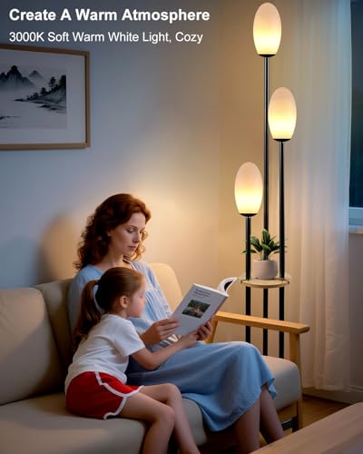 Black Dimmable Floor Lamp with Table, Unique Tall Standing Lamps with 3000K G9 Bulbs for Reading, Mid Century Modern Floor Lamp with 5Lbs Heavy Base for Living Room Bedroom Office - color: 3 Cylinder-Black