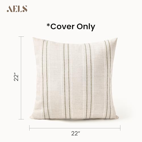 AELS 22x22 Decorative Farmhouse Linen Throw Pillow Covers, Boho Textured Pillow Case, Set of 2, Beige with White & Brown Stitch Yarn Dyed Stripe Cushion Cover for Sofa Couch Living Room (Cover ONLY) - color: Beige With White & Brown, size: 22" x 22" (Pack