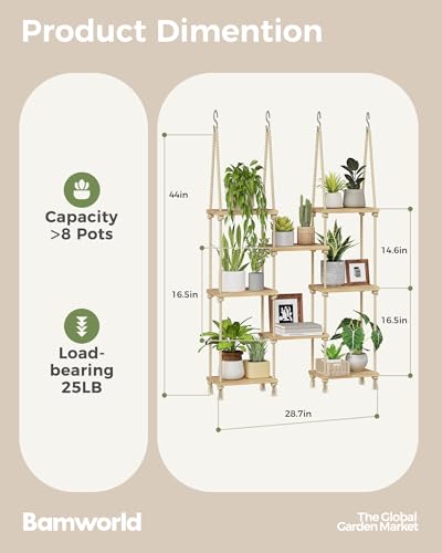 Bamworld Hanging Shelves 8Tiers Plant Hanger Indoor Window Plant Shelves Wood Plant Wall Shelf Window Sill Plant Shelf Indoor Hanging Plant Stand Living Room Decor Garden Boho Decor - size: 8Tier