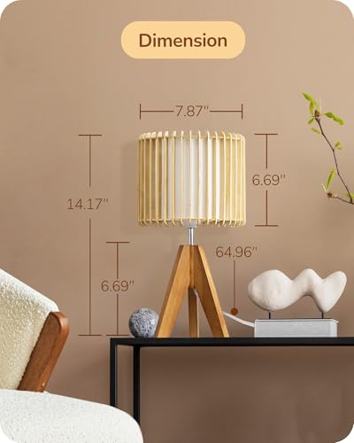 EDISHINE 14.17" Small Table Lamp, Wood Tripod Bedside Lamp, Natural Wood-Colored Hollow & White PVC Shade, E26 Base, Boho Nightstand Lamp for Bedroom, Living Room, Office, Study - style: Minimalist