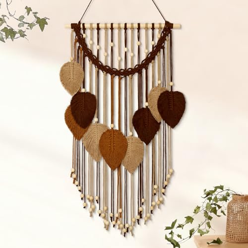 Weldomcor Macrame Wall Hanging Boho Leaf Woven Tapestry, Bohemian Chic Home Decor Modern Handmade Leaves Feather Wall Art Decorations for Bedroom Living Room Apartment Ornament 16.5"W X 31.5"L (Khaki Brown) - color: Khaki Brown