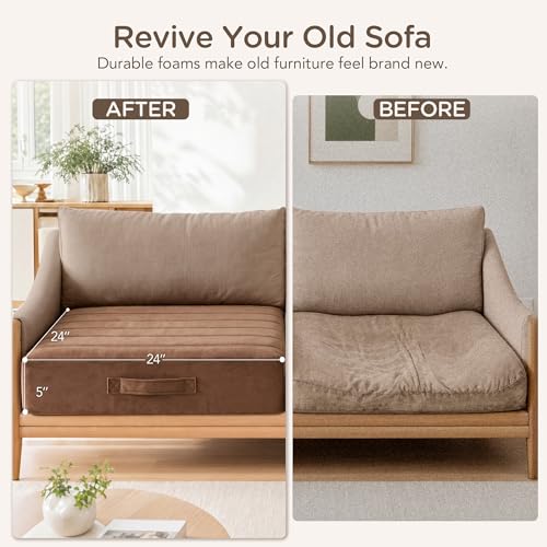 Codi Thick Replacement Couch Cushions 2 Sets, Upholstery Foam with Washable Covers for Sofa Cushion Chair Meditation - 24 × 24 × 5 Inch, High Density Foam, Coffee - color: Coffee, size: 24 Inch (Pack of 2)