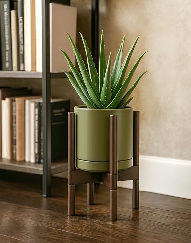 D'vine Dev Ceramic Planter with Walnut Color Stand - 8 Inch Modern Round Flower Pot with Wood Planter Holder, Olive, 55-B-Y-J - color: Olive Pot + Walnut Color Stand, size: 8 Inch