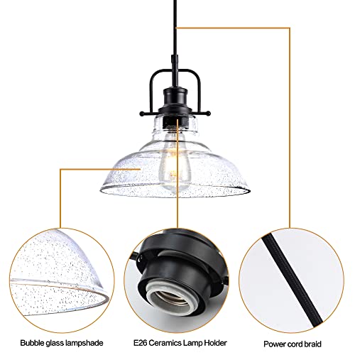 Zlepmlla Glass Pendant Light，Black Pendant Light Fixtures with Seeded Glass Shade, Adjustable Height Hanging Lights for Hallway, Kitchen Island, Dinning Room（Bulb not Included） - color: Black