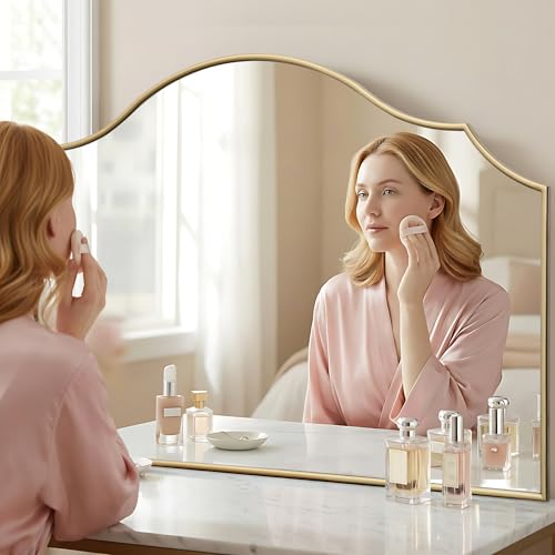 Besdomus Large Scalloped Gold Mirror: 47"x31" Modern Minimalist Wood Frame Wall Mirror - Decorative Vanity Arched for Bathroom/Dresser/Entryway/Fireplace/Living Room - Stylish Home Decor - color: Gold Leaf, size: 31"L x 47"W