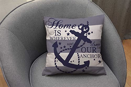 Nautical Farmhouse Saying 16 x 16 Decorative Throw Pillow Cover, Home is Wherever We Drop Our Anchor Quote Sign Summer Cruise Lover Square Decorative Throw Pillow Case Cushion Cover 16 x 16 inch - color: Multi 35