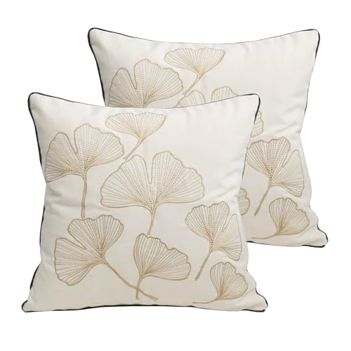 Embroidery Throw Pillow Covers 18x18 Fine Thread Golden Ginkgo Leaves Home Decor Floor Pillow Cover for Couch 100% Cotton Cushion Cover Embroidered Throw Pillow Case 45x45cm, 2 Pieces - color: Golden Ginkgo Leaves