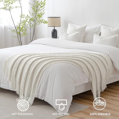 MIULEE Off White Knitted Throw Blanket for Couch Textured Knit Blanket with Tassels Cozy Woven Boho Bed Blanket for Sofa Bed Chair Acrylic Wave Pattern 50"x60" - color: Off White, size: 50" x 60"