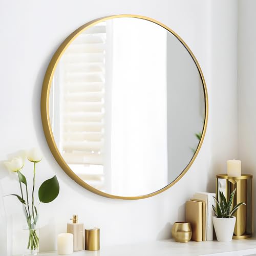 SCWF-GZ 24" Round Mirror Circle Wall Mounted Hanging or Against Wall Metal Frame Dressing Make-up Mirrors for Entryway Bedroom Bathroom Living Room 24 inch Gold - color: Gold, size: 24"L x 24"W