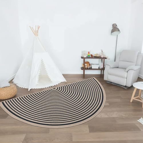 Easy Jute Rainbow Rug 3x6Ft Half Circle Doormat Neutral Faux Jute Carpet for Farmhouse Bedroom Entrance Balcony, Nonslip Half Round Floor Mat for Living Room Patio Kitchen, Outdoor, Black 3 - color: Black 3, size: 3'x6'