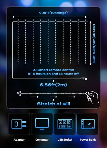 Brightown 300 LED Blue Fairy Curtain Lights, 9.8ft x 9.8ft String Lights, USB Plug in 8 Lighting Modes Christmas String Hanging Lights with Remote for Bedroom Indoor Outdoor Party Xmas Blue 1 Pack - color: Blue, size: 1 Pack-300 LED-USB Plug