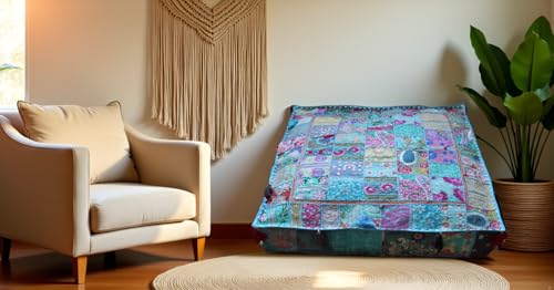 CRAFT KALA Indian Square Patchwork Traditional Pouf Cover Indian Living Room Poufs Decorative Embroidered Designer Ottoman Home Living Footstool Chair Cover Decor Pillow Cover 35 inches, Sky Blue - color: Sky Blue, size: 35"D x 35"W x 5"H