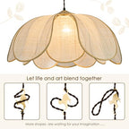 Boho Light Fixture, 25.6" Hand Woven Rattan Chandelier, Boho Chandelier with Brass Cat Hook for Dining Room, Living Room, Kitchen, Bedroom and Restaurant - size: 25.6 in