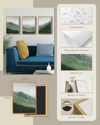 SHENIFY Fog Pine Green Tree Forest Canvas Wall Art 11x14in Framed Nordic Nature Modern Mountain Artwork Prints Decor - Natural Framed - color: Green mountains, Natural Framed, size: 11"x14"