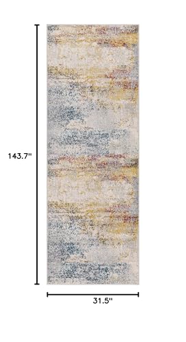 BoutiqueRugs Light Gray Abstract 12ft Runner Rug Contemporary Mustard Ice Blue Navy Alexandra Hallway Kitchen Corridor Stairway Laundry Room 2'7" x 12' Stain Resistant Non-Shedding Pet Friendly - color: Gray/Mustard, size: 2'8" x 11'11" (Runner)