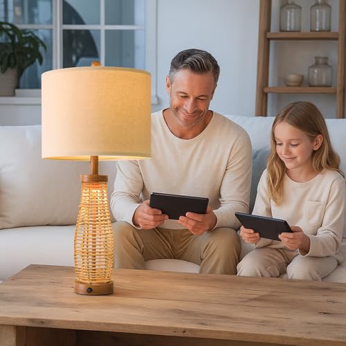 OYEARS 28" Table Lamps Set of 2 with Dual Night Lights, Bedside Lamps for Bedroom, Boho Lamp for Living Room, Rattan Table Lamp with Linen Shade, Farmhouse Lamp with Wood Grain Finish (Bulb Included) - color: Antique Brown