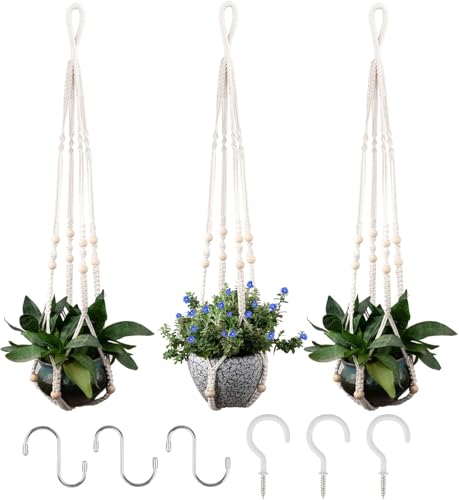 RIFNY Macrame Plant Hanger for 5 to 10 Inch Plant Pots, 35 Inch Indoor Handmade Woven Rope Hanger Kits with Hooks and Wood Beads, Hanging Planter Basket Holder for Boho Home Decor (White, 3 Pack) - color: White, size: 35 Inch 3 Pack