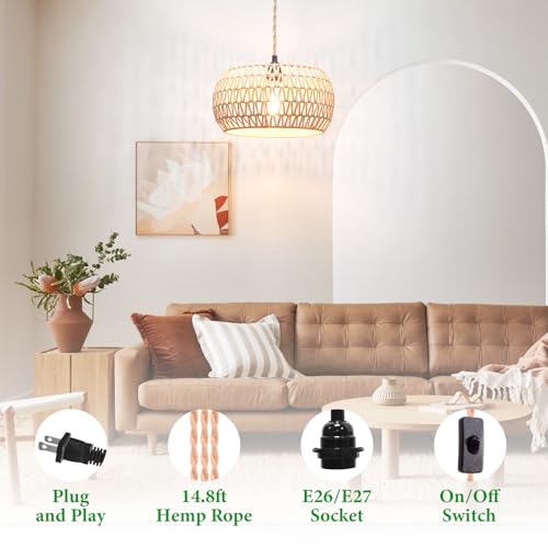 Plug in Pendant Light Rattan Hanging Lamp Pendant Light with on/Off Switch Rattan Woven Shade Hanging Lamp Plug in for Living Room Bedroom Farmhouse - color: Drum