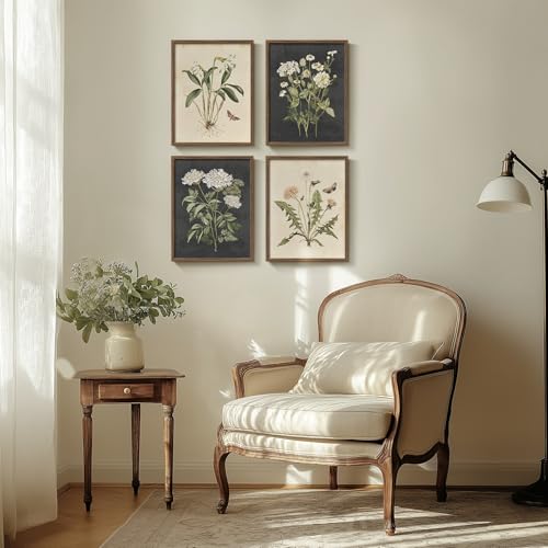 Framed Botanical Wall Art, 4 Piece Vintage Farmhouse Floral Canvas Painting Prints Artwork for Bathroom Walls, Rustic Flower Butterfly Pictures for Kitchen Bedroom Hallway Home Decor, 8x10 Inch - color: Vintage - Walnut Framed, size: 8" W x 10" H x 4pcs