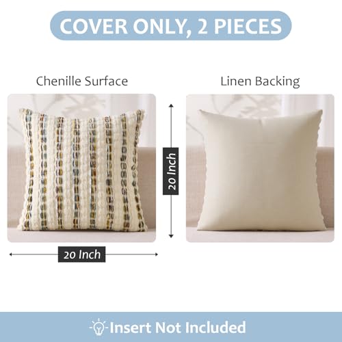 ANRODUO Boho Chenille Pillow Covers with Textured Tufted Stripes 20x20 Inch Set of 2 Woven Decorative Cushion Case Farmhouse Accent Neutral Pillowcase for Couch Sofa Bed Living Room Decor, Brown White - color: Brown White, size: 20" x 20" (Pack of 2)