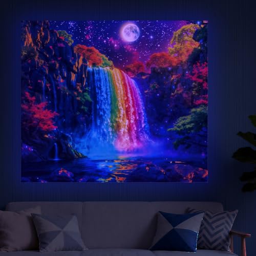 CRAFTYMELODY Rainbow Waterfall Blacklight Tapestry Glow in the Dark Tapestry UV Reactive Lake Moon Wall Hanging 59×51 Inch with Hook Self Adhesive Sticker Clip for Bedroom Home Wall Decoration - color: Rainbow Waterfall